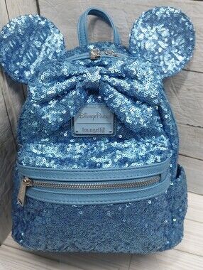 Disney Parks Loungefly 12"t Blue Sequin Bow/Ears Multi Zip Pockets Mini Backpack
